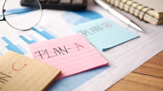 Strategy planning with sticky notes showing plan a plan b and plan c on office desk with charts