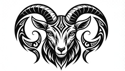 Fototapeta premium Tribal Ram Head Vector Illustration with Curved Horns and Tattoo Style Design