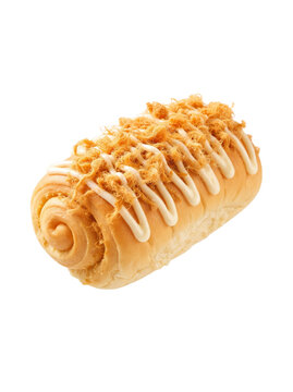 A single, soft, golden-brown bakery bun (commonly known as a "floss bun" or "rou song bun") isolated on a stark white background.