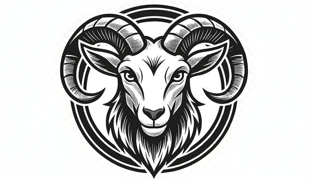 Ram head logo vector illustration, Aries goat mascot design in black and white emblem style