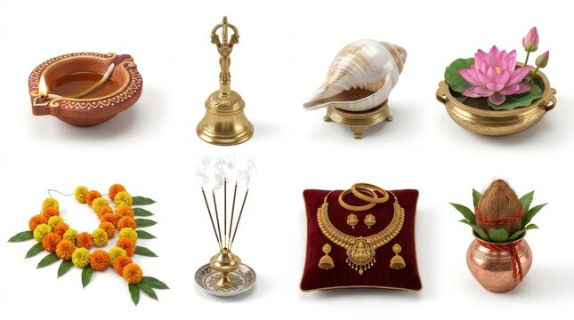 A carefully arranged collection of traditional indian puja items on a white backdrop for use in religious ceremonies and worship