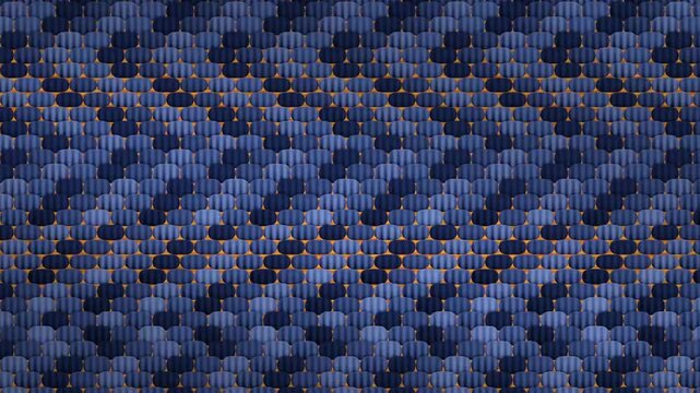 Overlapping Ceramic Scale Tiles Sliding Apart to Reveal Warm Color Slivers, Seamless Loop in cool navy tones