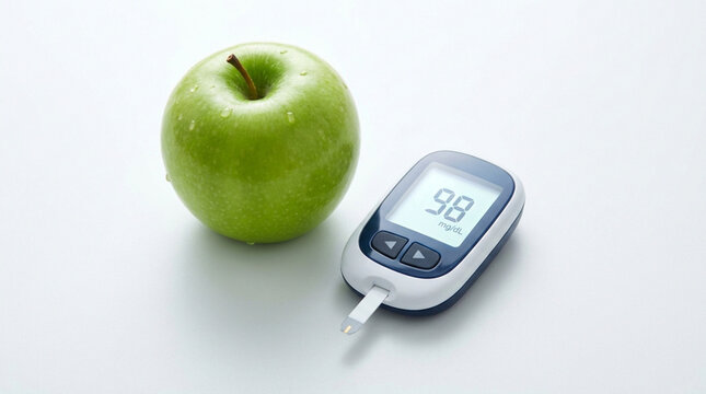 Digital blood glucose monitor meter showing test results next to a fresh green apple on white background