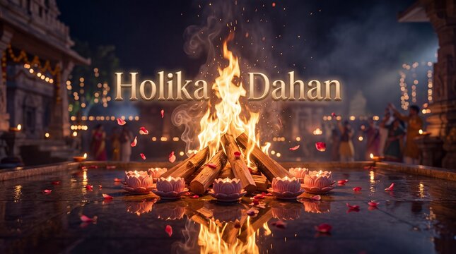 Holika Dahan celebration with sacred fire beside lotus lamps and temple lights creating an Indian cultural background for festival greetings