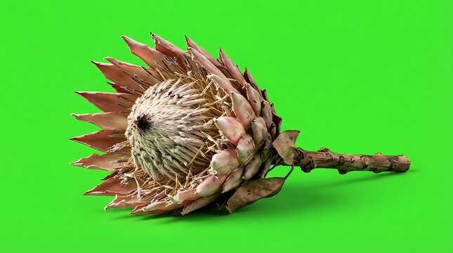 A single dried protea flower blossom isolated against a vibrant green background