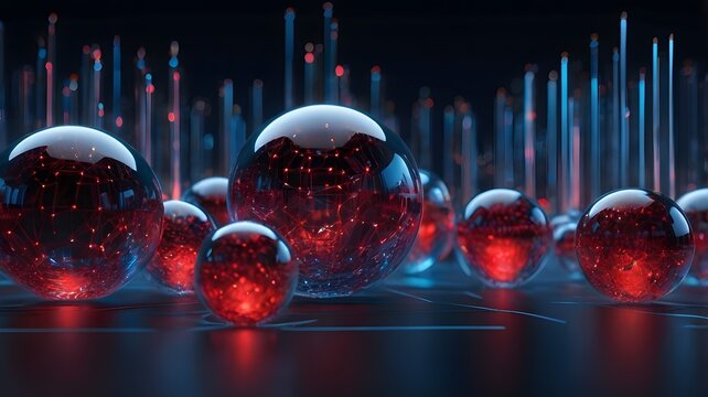 Abstract glowing molecular cell spheres connected with digital network mesh biology science nano technology background 3d render