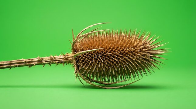 A close up view of a prickly dried teasel flower head on a green background