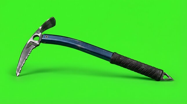A blue metal ice axe tool used for mountaineering against a green backdrop