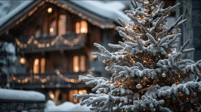 Snow-covered pine tree adorned with glowing Christmas lights stands near a warmly lit cabin, creating a festive and serene atmosphere in a winter wonderland. Video made using Generative AI.