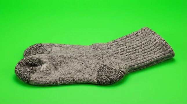 A single grey wool sock displayed against a vibrant green background studio