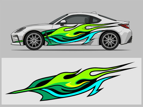 White sports car with colorful flame decals design.