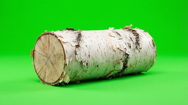 A single piece of textured birch wood log isolated on a vibrant green background