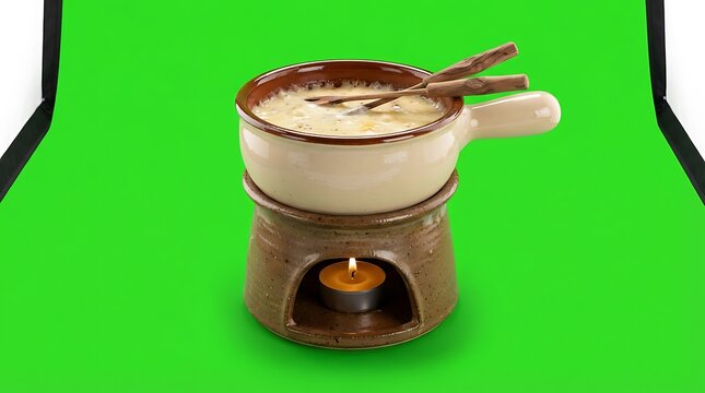A ceramic cheese fondue pot warming over a tea light candle on green screen