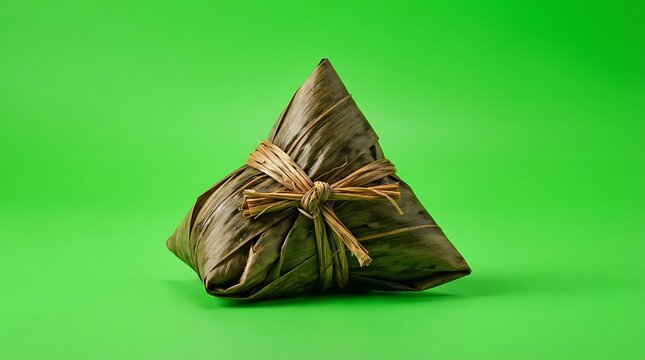 A single zongzi wrapped in bamboo leaves isolated on a bright green background