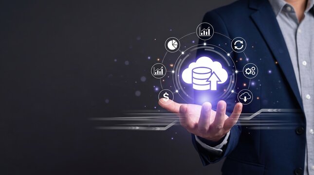 Data cloud in hand, cloud computing, digital storage and technology concept.