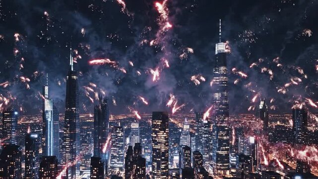 Vibrant electric blue and ruby red fireworks display over a modern city skyline at night with tall skyscrapers.