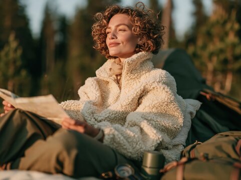 Woman with curly hair reading a map while camping in a forest at sunset