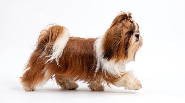 A shih tzu dog with long flowing fur is captured in a side profile against a white background