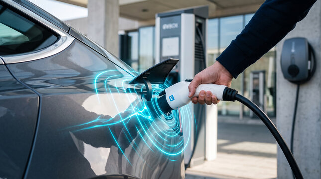 Closeup of a person plugging a charging cable into an electric vehicle at a charging station with digital energy visualization