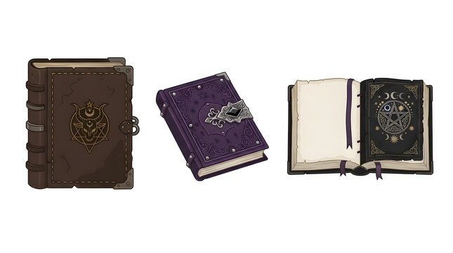 Set of three vintage style spell books and journals for halloween decor.