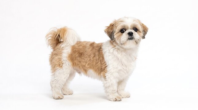 A shih tzu dog stands facing forward against a plain white background breed