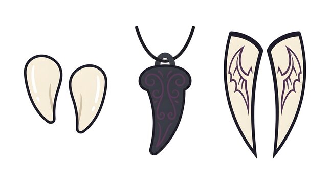 Set of spooky vampire themed accessories featuring fangs and a claw pendant.