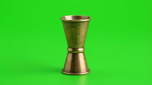 A vintage brass cocktail jigger standing against a vibrant green background