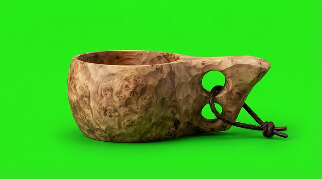 A traditional wooden kuksa cup with a leather cord on a green background