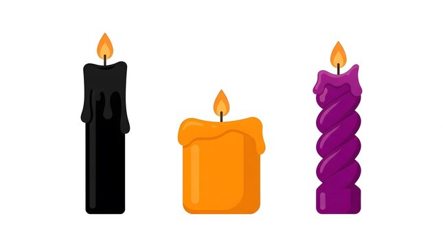 Set of three colorful Halloween candles with burning flames isolated on white background.