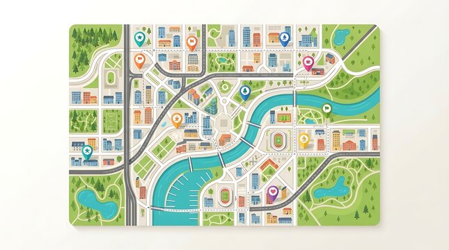 Top down view of a colorful city map illustration with navigation pins and urban layout.