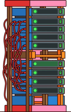 Data Center Server Rack with Messy Cables Flat Vector Illustration