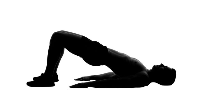 Silhouette of man performing glute bridge exercise, athletic male doing hip thrust workout, fitness training and core strength pose isolated PNG with Transparent Background