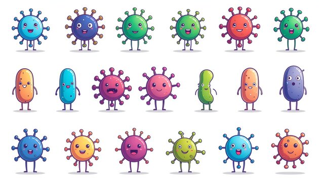 Cute virus and bacteria mascot cartoon characters set collection vector illustration isolated on white background