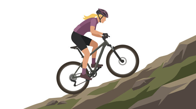 European Female Mountain Biker Climbing on Grey Bike