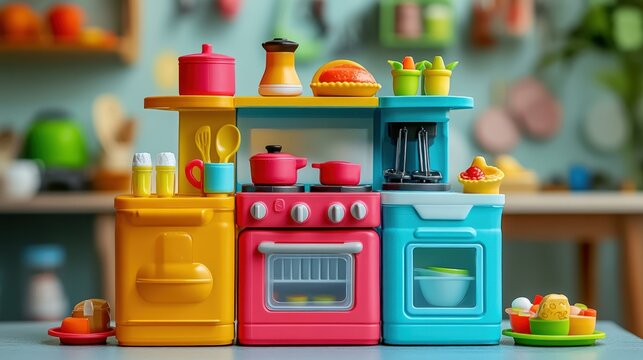 Miniature toy kitchen set featuring vibrant plastic appliances pots pans and play food items displayed on a wooden surface with soft blurred background light indoor