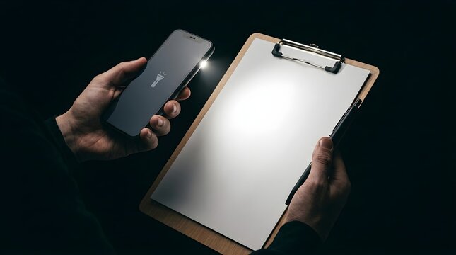 Person holding smartphone with glowing flashlight next to clipboard paper
