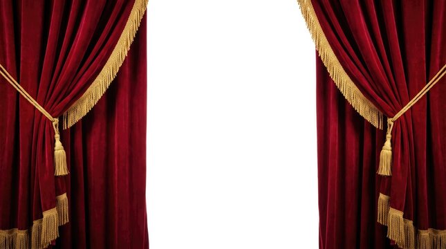 Red velvet theater curtains with gold fringe tassels isolated on white background