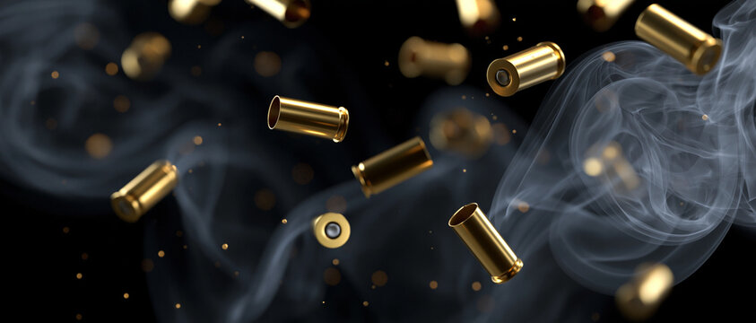 9mm bullet shells free falling with streams of smoke in high contrast  