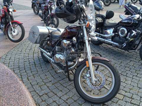 Grodno, Republic of Belarus. - September 09, 2018: This Yamaha Virago motorcycle features a classic chopper design with a distinctive V-twin engine.