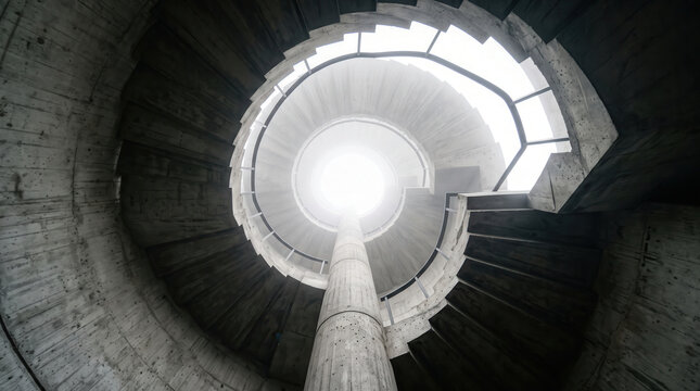 Looking up at concrete spiral staircase.