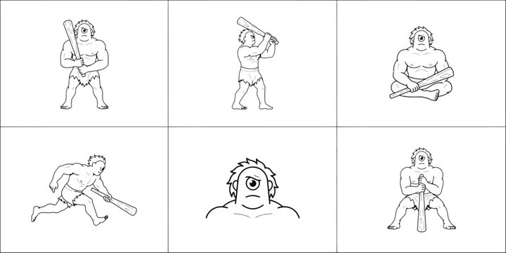 Cyclops monster line art collection, mythical giant creature with club vector set, ancient greek mythology character icons