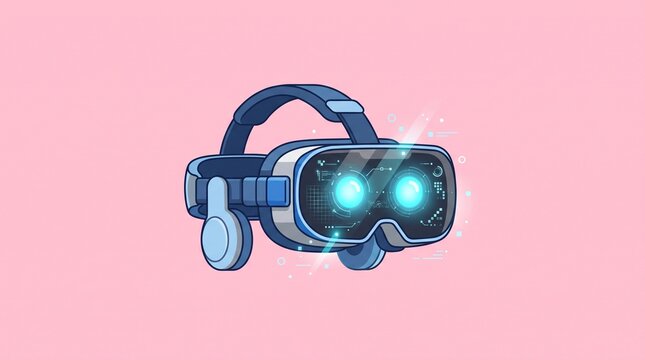 Futuristic virtual reality headset icon with glowing digital lenses and holographic technology elements isolated on a soft pastel pink background