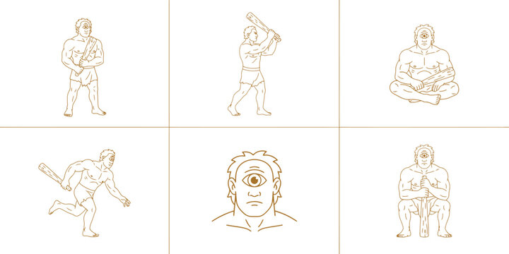 Mythological cyclops character set, ancient greek monster line art icons, 6 fantasy giant vector illustrations for gaming