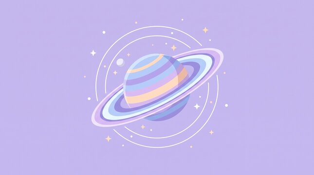 Ringed planet icon floating in outer space with orbit lines and stars representing astronomy, cosmic exploration and the solar system on pastel background
