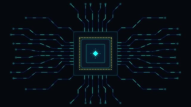 futuristic cpu chip animation with glowing circuit board connections and data flow, technology cyber concept