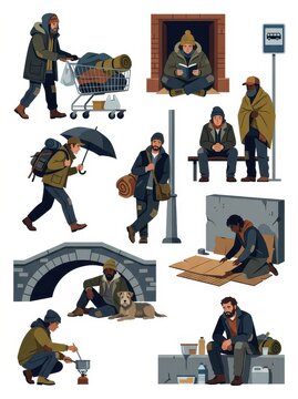 Set of Homeless People Illustrations Depicting Poverty, Urban Survival, and Social Issues in Modern Society
