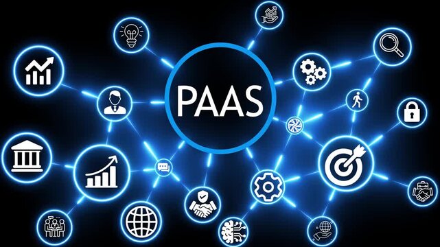 Pay per click PAAS marketing concept animation with neon technology icons 4k video animation