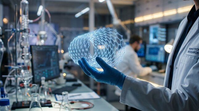 Scientist holding futuristic nanotube hologram in modern research lab