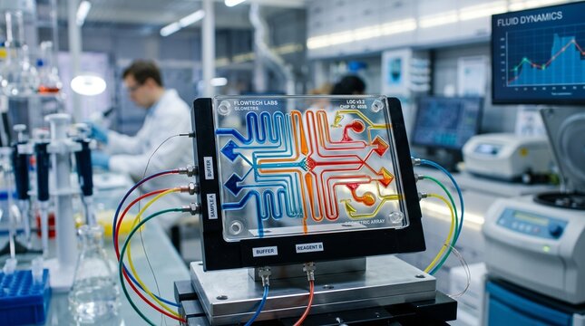 Microfluidic chip device testing chemical reactions in modern laboratory