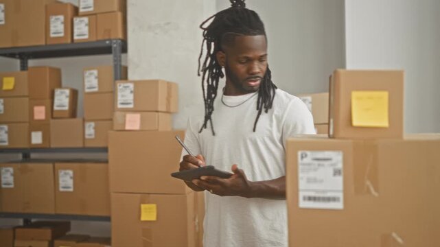 Man holding tablet and tapping stylus amid stacked parcels and cardboard boxes in building; frustration inventory tracking.